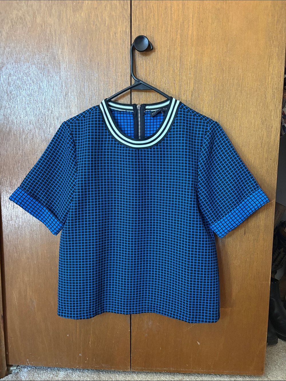 English Factory Blue Grid Short-Sleeve Top with Striped Collar